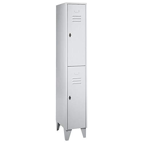 Steel locker with stud feet, compartments divided horizontally, solid panel doors, compartment width 300 mm, 2 compartments, light grey.