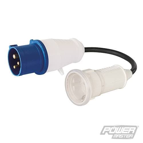 16A CEE 240V Plug to 16A Schuko Socket Fly Lead Co 240V 3-Pin Heavy duty and impact-resistant plug. For commercial, industrial, site and other applications. Blue IEC 60309 ( 2P+E ) 3 Pin, 2-phase plug 16A - 6h (180°) to 240V 16A Schuko CEE 7/3 inline socket . 3G 1.5mm2 H07RNF outdoor cable. IP44 rated.