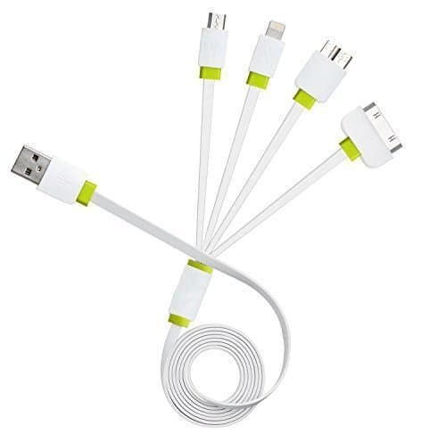 J2CC Multi Charger USB Cable 4 in 1 Multiple USB Charging Cable Adapter Connector with 8 Pin Lightning / 30 Pin / Micro USB 2.0 / Micro USB 3.0 Ports for iPhone, iPad, Samsung Galaxy S5, Note 4 and More(White+Fluorescent Green,100cm)