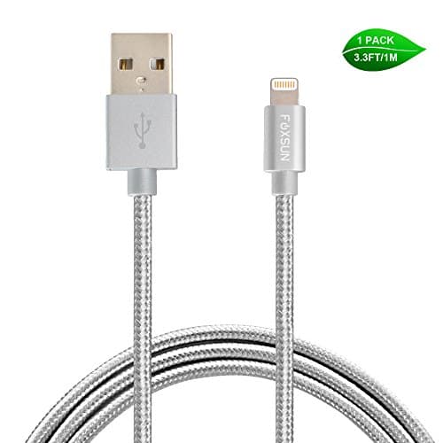 Lightning Cable,Foxsun 3.3ft/1m Lightning to USB Cable[Apple MFi Certified] Nylon Braided iPhone Cable for iPhone 7/7 plus /6s /6s plus /6 /6 plus /SE /5s /5c /5, iPad 2 3 4 Mini, iPad Pro Air, iPod- Silver