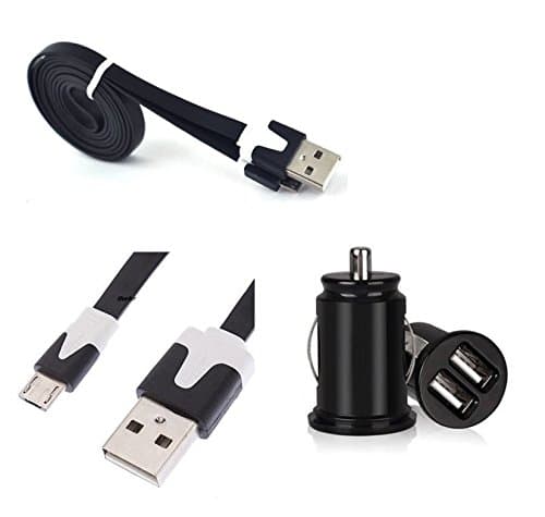 TheTransporterUK - 2M Extra Long (Black) Noodle Micro USB Data Sync Charger Cable + Dual Port Car Connector For Various devices Samsung Galaxy S5/S4/S3 Nokia Lumia HTC