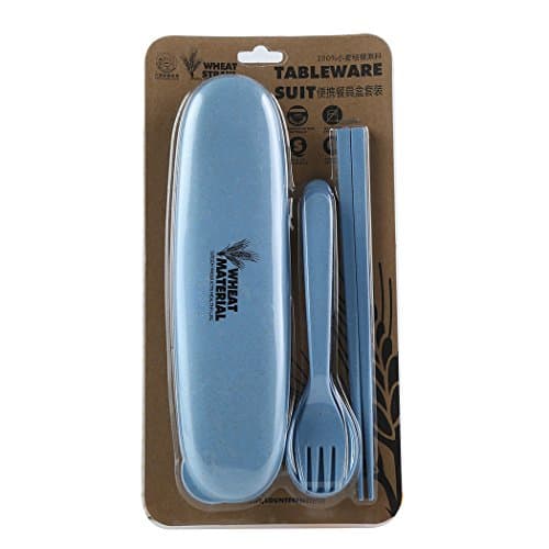 ARAER Plastic Baby Training Flatware, 3PCS Portable Flatware Spoon Fork Tableware Dinnerware Set with Case (Blue)