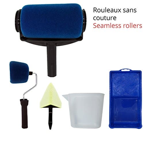 S Roller 2 - Rolling paint brush kit with Paint Container - 5 pieces: Rolling Paint Brush 165 mm, Mini Paint Roll 65 mm, Angle Brush, Measuring cup and Tray - Microfiber without Stitching - Uniform result