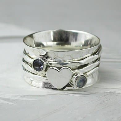 925 Solid Sterling Silver Spinning Ring..Moonstone Iolite & Heart Thumb/Finger Worry Spinner Ring..