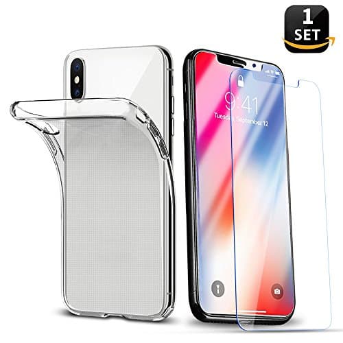 iPhone X/10 Case Cover Clear + Screen Protector, Crystal Soft TPU Cover Shell and 3D Touch Compatible 9H Hardness Tempered Glass with Easy Install Kit Support Wireless Charging for iPhone X