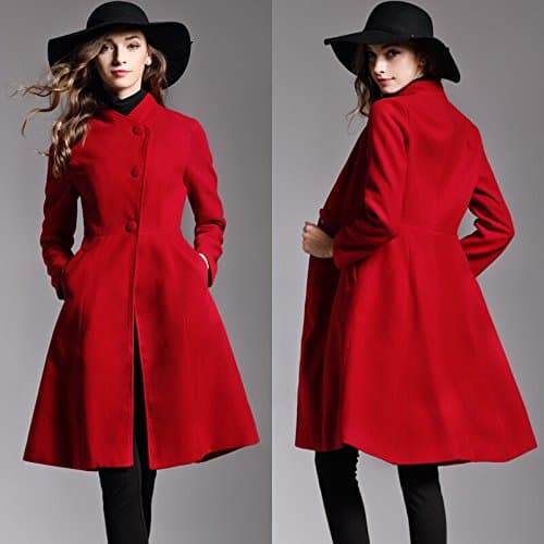 Woolen coats and long elegant slim versatile solid-colored collar wool coat,Red m