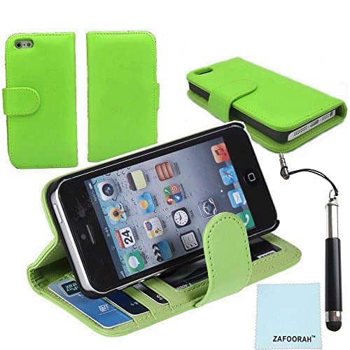 iPod Touch 5th 6th Generation Case, iPod Touch 5/6 Case Genuine ZAFOORAH PU Leather Photo Id Wallet Stand with 3 Bonus items Stylus, Screen Protector, Microfiber Cloth (PU Leather Photo Id Wallet - Green)