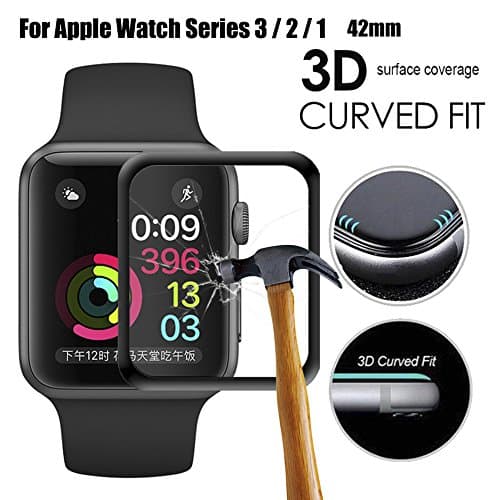 For Apple Watch Screen Protector,Full Screen Coverage Tempered Glass Bumper Case with 3D Curved Edge &amp; High Defintion for iwatch 42mm Series 3/2/1 (For Apple Watch 42mm)