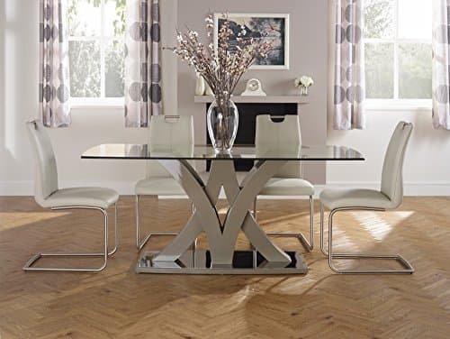 Barcelona Taupe Tempered Glass Fixed Rectangular Table &amp; 6 Malaga Black Faux Leather Chair Brushed Stainless Steel Base - Dining Room Sets Ideal for Modern Contemporary Kitchens &amp; Dining Rooms
