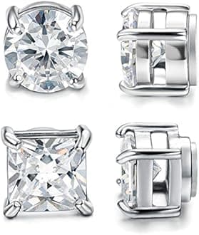 2 Pairs Stainless Steel Magnetic Stud Earrings for Men Women Non-piercing CZ 4-10mm