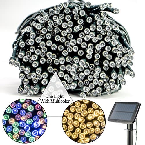 Solar Led String Light, Big Charging Panel, Li Battery, 100 leds, 39 Inches, Eight Working Modes, Four Colors+Warm White Color, Waterproof, Outdoor Family Wedding.
