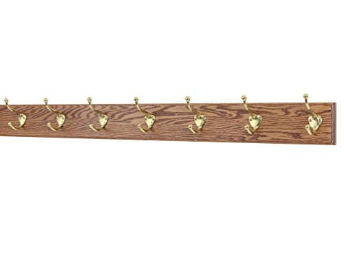Solid Oak Coat Rack with Solid Brass Hat and Coat Style Hooks - Made in The USA (Chestnut, 36" x 3.5 with 7 hooks)
