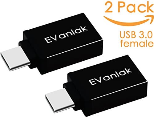 USB Type C Adapter 2 Pack, EVanlak USB 3.0 A to C Adapter for Galaxy S8 S8+, Macbook Pro 2016, Nintendo Switch, Sony XZ, LG G5, Pixel, Nexus 6P 5X and More (Black - 2 Pack)