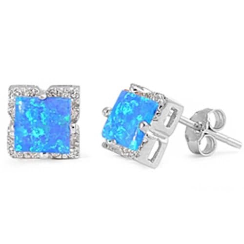 Lab Created White Opal Square Stud .925 Sterling Silver Earring
