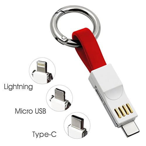 Usb Lightning Cable 3 In 1 Lightning&amp;Micro&amp;Type C Portable Short Fast Charging Cord Magnetic Less Than 1ft Micro Lightning Cable with Keychain for Iphone Samsung (RED)
