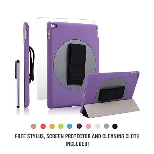 iPad Air 2 Case 360 Degree Handheld Rotating Case Adjustable Strap by JACKIT Back Cover and Front Smart Wake/Sleep Magnetic Cover FREE Stylus Screen Protector Cloth for Apple iPad Air 2 [Purple]