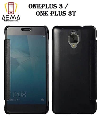 AEMA Premium ONE PLUS 3 / ONE PLUS 3T / ONE PLUS THREE Case Fashion Luxury Glossy Mirror Clear View Smart Date/Time [Hyperbolic Mirror] Flip Case Cover (BLACK)