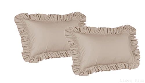 2 Piece Queen Size Ruffled Shams Solid Beige Cover Case Decorative Pillow