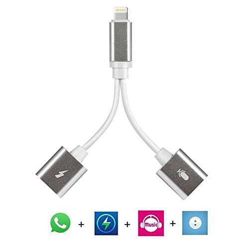 2 in 1 iPhone 7 / iPhone 7Plus adapter, Lamboy 2 in 1 Lightning Adapter, Lightning to Dual Lightning Splitter Cable with Charging &amp; Audio for iPhone 7/7 Plus, Support Phone Communication Silver