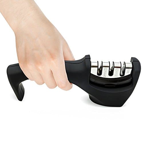 Knife Sharpener by Hard Crafts, 3-Stage Sharpening System, Sharpens Ceramic &amp; Steel, Safety Conscious Handle, Black