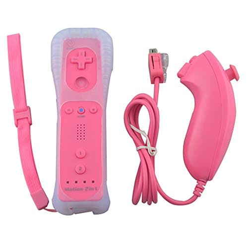 Built-in Motion Plus Remote & Nunchuck Controller For Wii + Silicone Case + Wrist Strap for Nintendo Wii/Wii U-MEGIA (Rose Red)