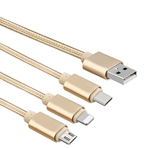 Universal 3 in 1 Braided USB Multiple Charging Cable 3.3 feet (1 m) for IOS and Android (Type C and Micro USB) (Gold)