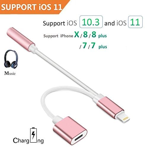 iPhone 7 / 7 plus / 8 / X Adapter, (Support iOS 11) Aprtwin 2 in 1 Lightning Adapter and Charger, Lightning to 3.5mm Aux Headphone Jack Audio Adapter for iphone X, 8, 8 plus, 7, 7 plus (Rose gold)