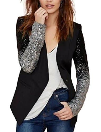 SELX Womens Sequins Patchwork Long Sleeve Open Front Plus Size Suit Blazer Jacket Black US 2XL