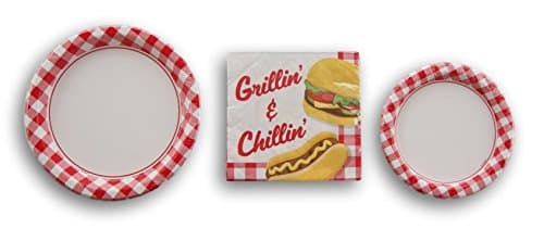 Summer Grillin &amp; Chillin Red Gingham Pattern Party Set - Dinner Plates, Napkins, Dessert Plates