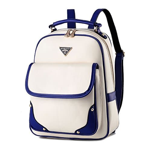 Flake Rain Women's Elegant Simple Soft PU Leather Student Backpack Travelling Shoulders Bag(WhiteBlue)