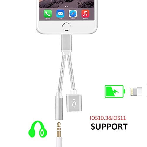 2 in 1 Lightning iPhone 7 Plus Adapter Charger Cable 3.5mm Aux Headphone Jack Audio Converter for iphone 7 / 7 plus Supports iOS 10.3 (Sliver)