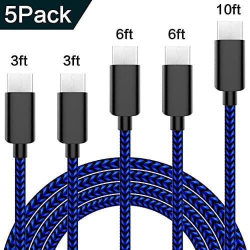Actionpie USB Type C Cable 5-Pack (3/3/6/6/10FT) Nylon Braided USB A to USB C Charger Cable Fast Charging Cord for Samsung Galaxy Note 8 S8 Plus, LG G5 G6 V30, HTC 10, Nexus 5X/6P--black &amp; mazarine