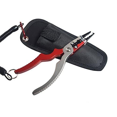 Fishing Pliers Cutting Braid Line Split Ring Tool Hook Remover Plier with Sheath Lanyard(a Little Wrench is Free to You) Light Aluminum Alloy pliers-Red