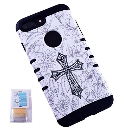 For Apple iPhone 8 Plus, 7 Plus (5.5" Display) Cross Flower on Black Skin KoolKase Rocker Dual Layer Hybrid Case Cover With 2 Screen Protector Films