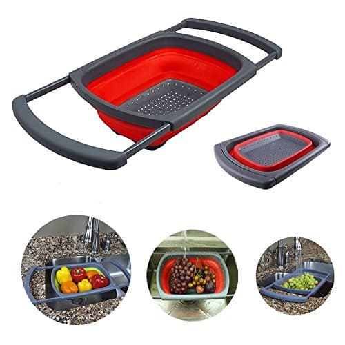 Multi-purpose Collapsible Colander/Strainer/Dish Drying Rack, NLEADER Kitchen Silicone Plastic Sink Basket - Washing Dishes Vegetable Fruit 3.8L, Heat-resistant (Red)
