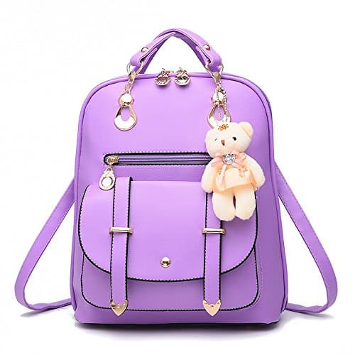 Purple Backpack Arcuate Shoulder Strap With Bear Double Root Zipper Pattern Type Solid PU Leather