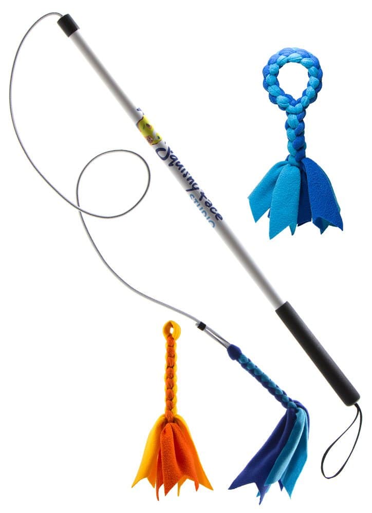 Squishy Face Studio Flirt Pole V2 Dog Exercise Toy Bundle with 2 Fleece Lures and Fleece Tug, 36-Inch