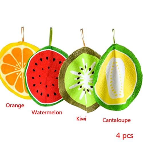 Cren 4pcs Round Fruit Shape Pattern Hanging Kitchen Hand Towels Dish Cloth Wiping Napkins with Loop