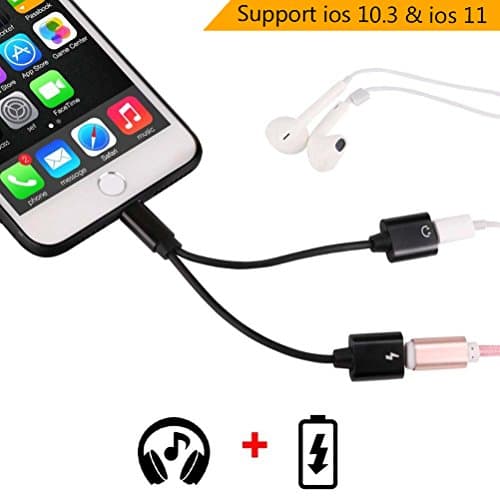 Dual Lightning Adapter for iPhone 8/8Plus/7/7Plus, Splitter for iPhone 7/8, 2 in 1 Lightning Adapter, Double Lightning Headphone Audio &amp; Charge &amp; Call Converter, Compatible iOS 10.3 iOS 11 (Black)