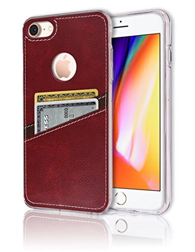 iPhone8 Plus / 7 Plus [Leather Back Cover] [Wallet Case] [2 Card Holder] Soft Slim Fit Hybrid Polyurethane TPU Flexible Bumper Slot Lightweight Shock Absorbing Protection For Apple iPhone8+ / 7+ (Red)