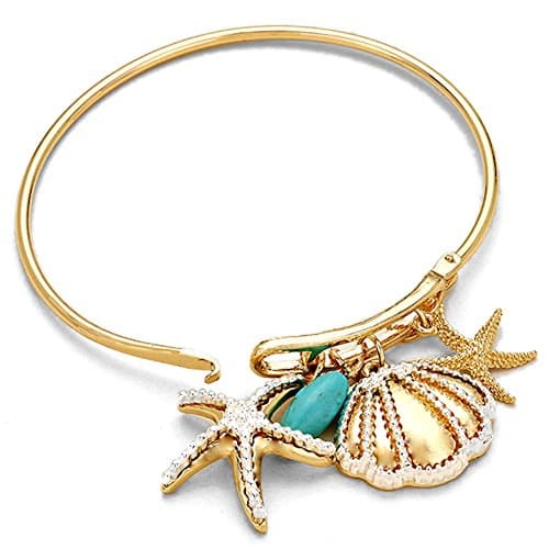 Beach Theme Starfish and Shell Gold Tone Bangle Hook Wire Bracelet