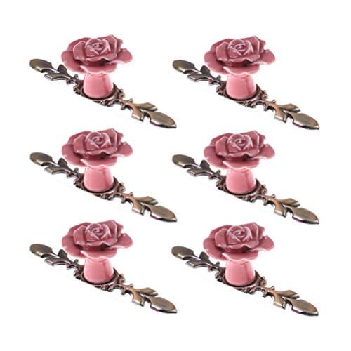 Corasays Rose Shape Ceramic Drawer Cabinet Knobs and Pulls for DIY Home Furniture Cabinet Dresser Cupboard Bin Door Handles, Pack of 6 (Pink, 118MM)