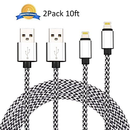 NEXCABLE 2Pack Extra Long 10FT 8 Pin Lightning to USB Charger Sync &amp; Charging Cable Cord Compatible with iPhone 7/7 Plus/6s/6s Plus/6/6 Plus/5s/5c/5/SE, iPad/iPod (Space White)