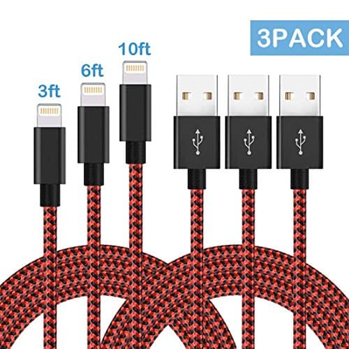 Lightning Cable 3Pack 3FT 6FT 10FT Nylon Braided Charging Cable USB iPhone Charger Cord for iPhone X/8/8Plus/7/7 Plus/6/6Plus/6s/6sPlus/5/5c/5s/SE/IPad/iPod/Min and More-Red
