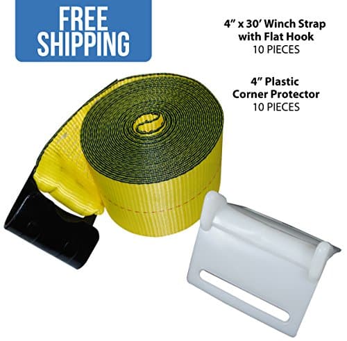 4” x 30’ Winch Strap w/Flat Hook — 10 Pack & 10 White Corner Protectors — Shippers Supplies