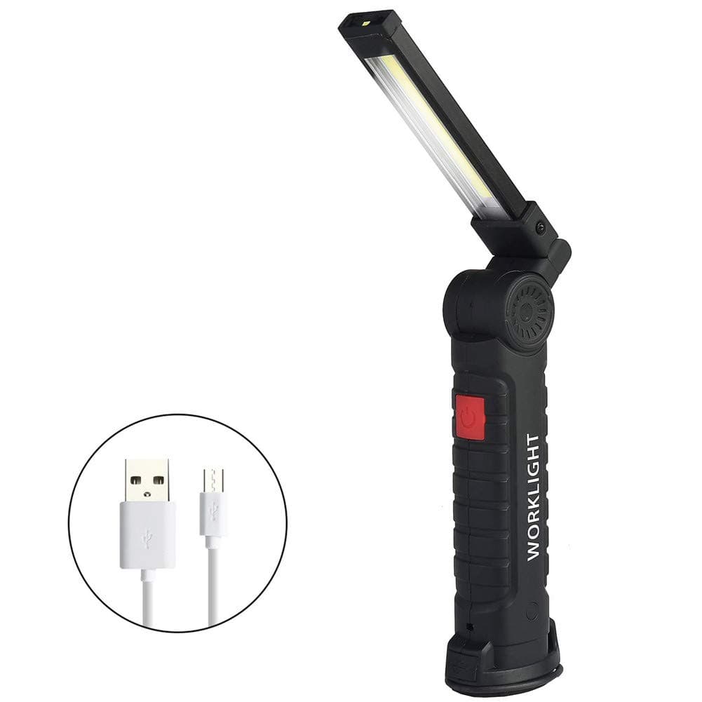 LED Work Light Rechargeable Portable Flashlight Torch 360° Folding USB Charging COB Glare Inspection Light with Magnetic Bracket and Hook for Camping Workshop Garage Emergency Lighting (L)