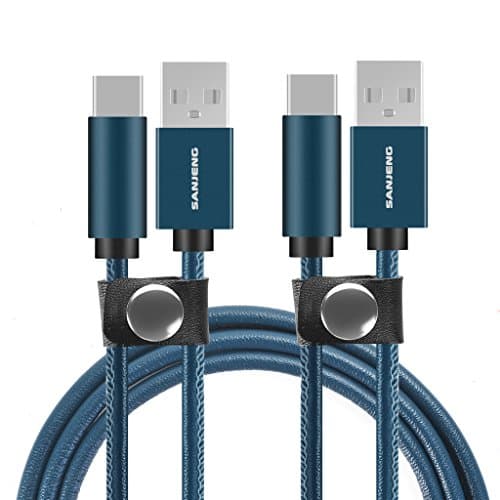 USB Type C Cable, SANJENG Type-C to USB-A 2.0 Fast Charger Data Transfer Fashion Leather cables for Google Chromebook Pixel XL,Samsung S8,macbook 12",Nexus 6P and more (Pack of 2,3.3ft 5ft) blue