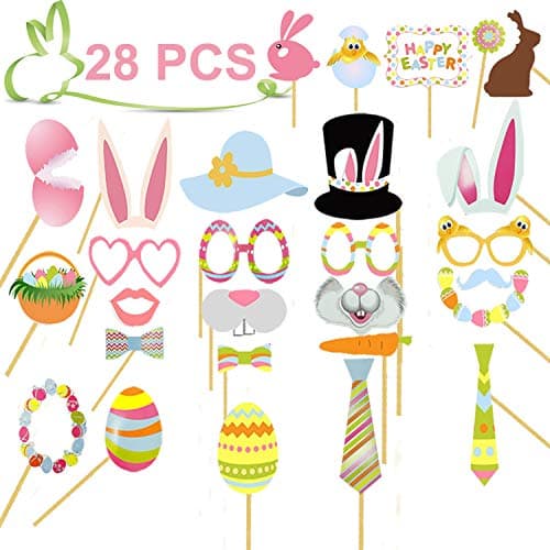Easter Photo Booth Props, Easter Party Decorations 28 Pack DIY Photo Booth Props Kit for Easter Party Supplies with Colors Eggs Basket Bunny Rabbit Dress-up Accessories Easter Gifts for Party Favors