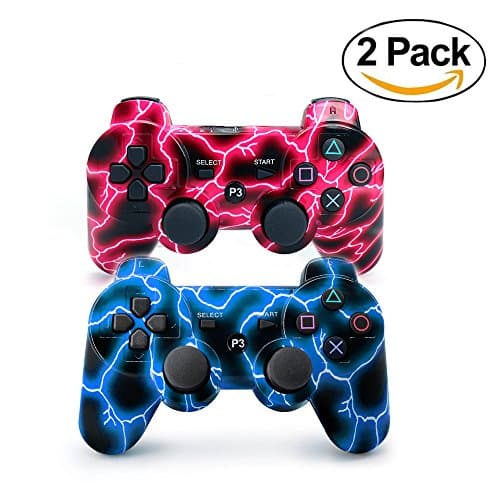 [2 Pack] Bluetooth Camouflage Game Controller Wireless Dualshock Joystick Vibration Sixaxis Remote Gamepad for PS3 Playstation 3 [Gift 2 Charging-Cable] (Red+Blue)