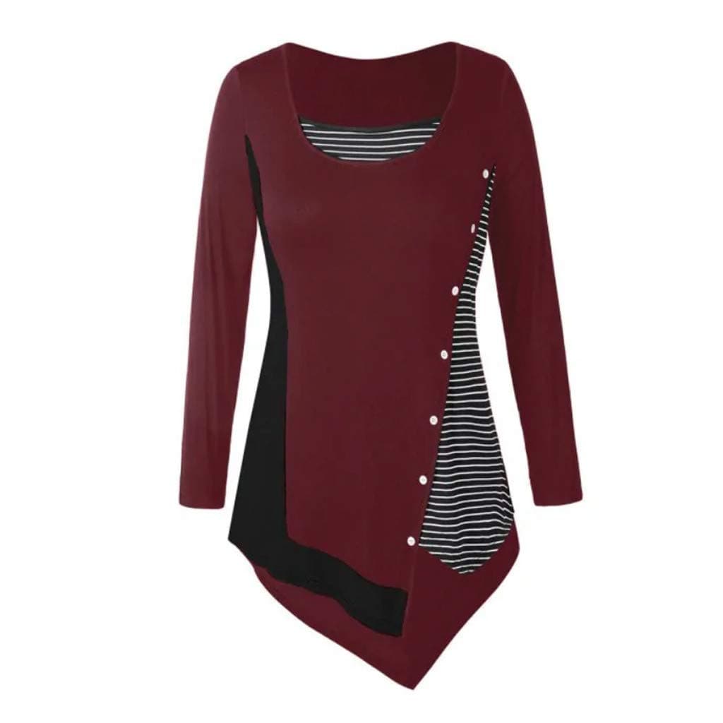 Women Long Sleeve Plus Size Blouse Patchwork Stripe Button Irregular Top Shirt